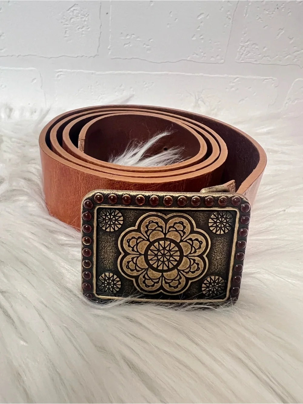 Vintage Cognac Brown Leather Belt with Antiqued Floral Buckle | Boho Western